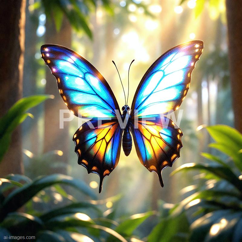 The image features a close-up of a vibrant butterfly with striking blue, orange, and black patterned wings, illuminated by soft sunlight that enhances its iridescent colors. The butterfly is perched in a lush, green forest environment, with blurred trees and foliage in the background, creating a serene and natural setting. The sunlight filtering through the leaves highlights the delicate textures of the butterfly's wings and the surrounding greenery.